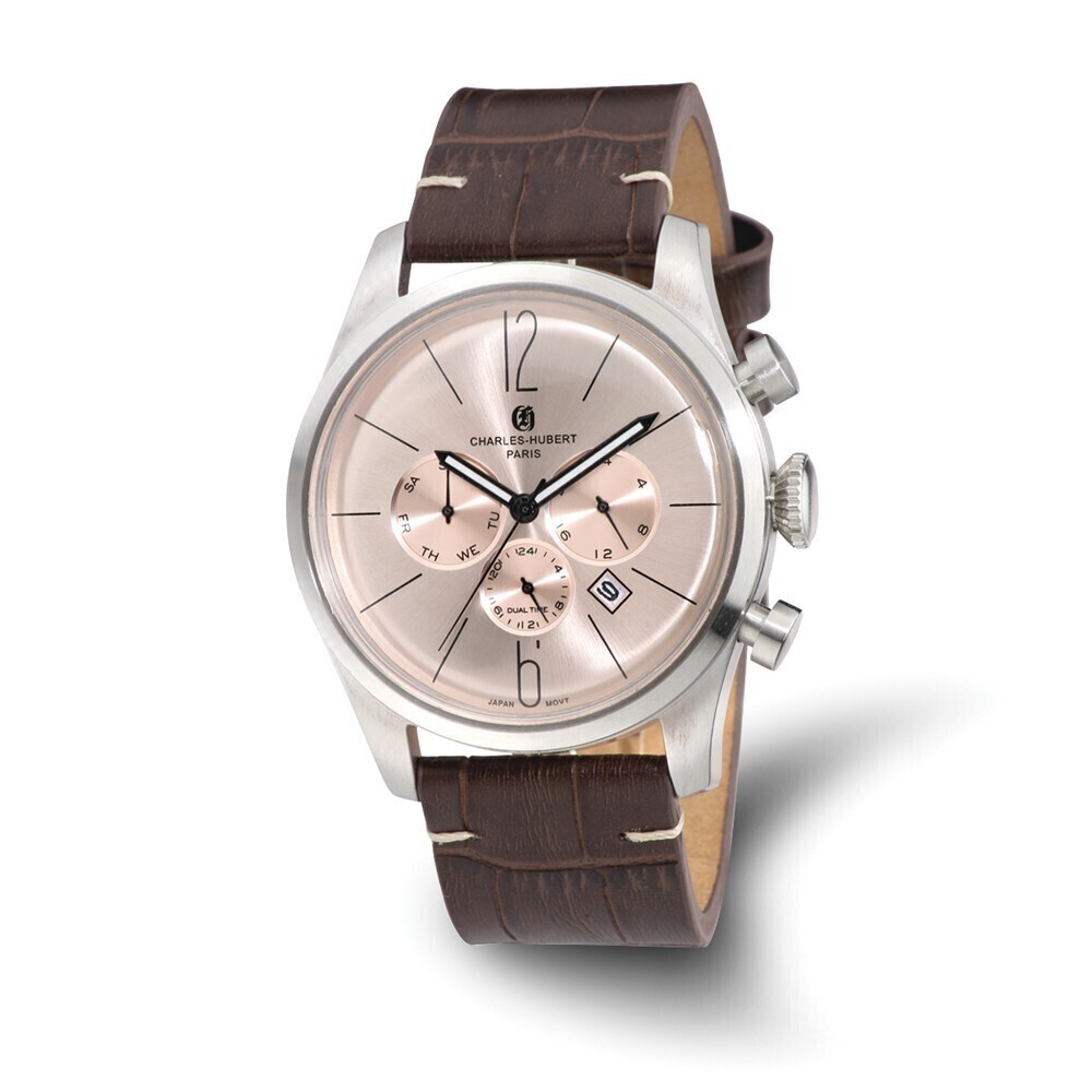 Kazi Luxury Mens Charles Hubert Stainless Steel Leather Band 46mm Dual Time